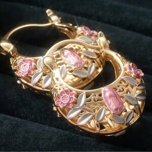 Mother Mary pink flower hoop earrings. Gold plated
